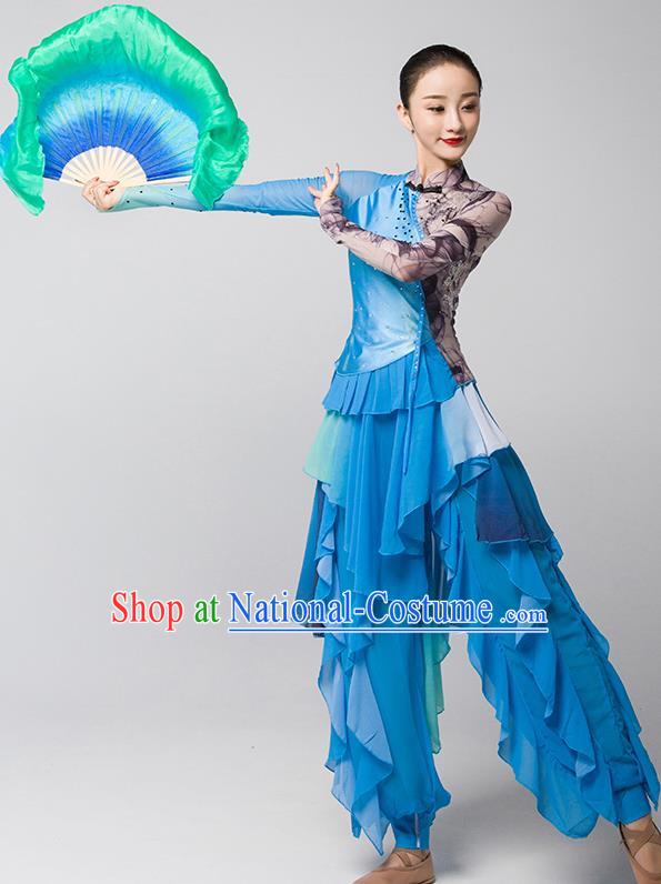 China Fan Dance Group Dance Garment Costume Folk Dance Clothing Jiaozhou Yangko Performance Blue Uniforms