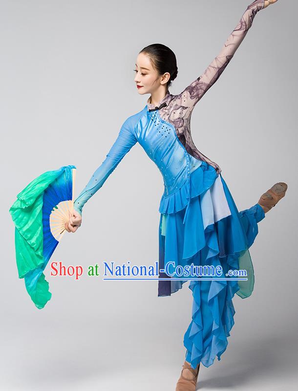 China Fan Dance Group Dance Garment Costume Folk Dance Clothing Jiaozhou Yangko Performance Blue Uniforms