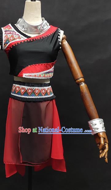 China Wa Nationality Dance Clothing Xiangxi Ethnic Stage Performance Garments Minority Folk Dance Red Dress