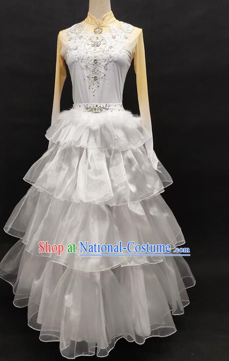 China Xinjiang Ethnic Stage Performance Garments Minority Folk Dance White Dress Kazakh Nationality Swan Dance Clothing