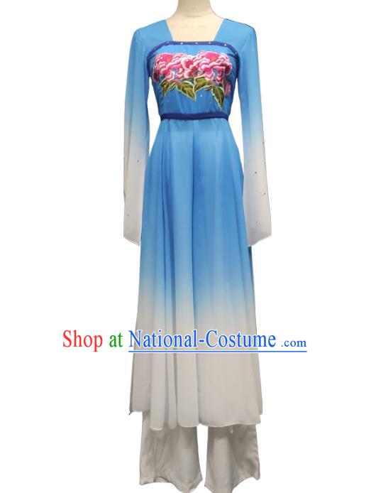 Top Chinese Classical Dance Blue Dress Woman Group Dance Garment Costume Traditional Fan Dance Stage Performance Clothing