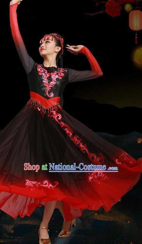 China Uygur Nationality Stage Performance Clothing Xinjiang Ethnic Dance Garments Uyghur Minority Folk Dance Black Dress