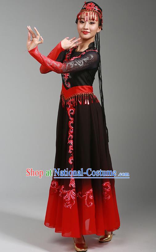 China Uygur Nationality Stage Performance Clothing Xinjiang Ethnic Dance Garments Uyghur Minority Folk Dance Black Dress