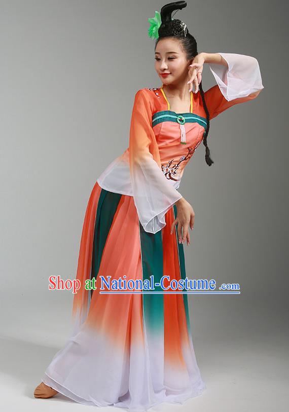 Top Chinese Classical Dance Orange Dress Woman Group Dance Garment Costume Traditional Umbrella Dance Performance Clothing