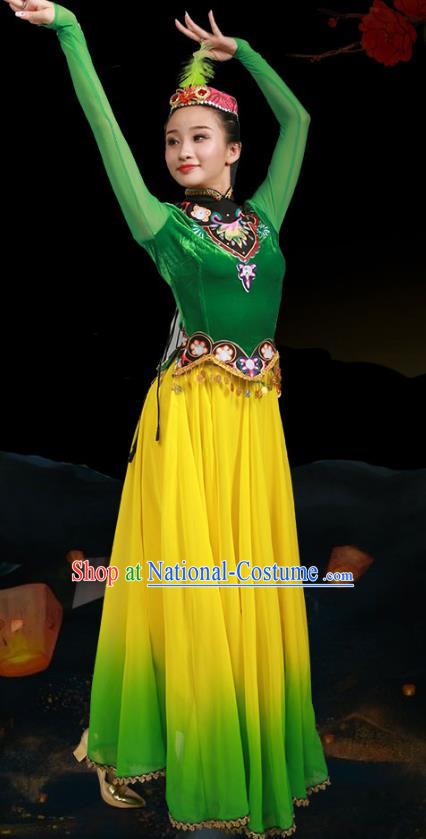 China Uyghur Nationality Stage Performance Clothing Uygur Ethnic Female Dance Garments Xinjiang Minority Folk Dance Green Dress