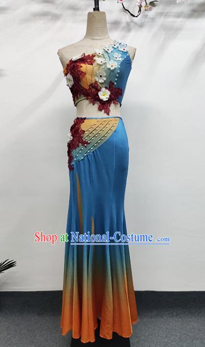 China Ethnic Female Peacock Dance Garments Yunnan Minority Folk Dance Blue Dress Dai Nationality Stage Performance Clothing