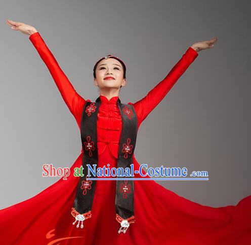 China Ethnic Female Dance Garments Mongolian Minority Folk Dance Red Dress Mongol Nationality Stage Performance Clothing