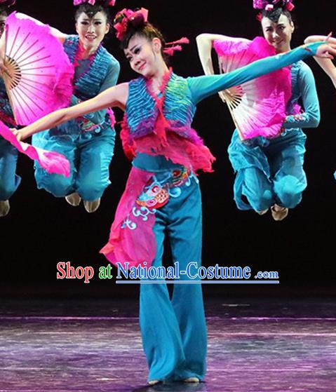 China Female Folk Dance Clothing Jiaozhou Yangko Performance Blue Uniforms Fan Dance Group Dance Garment Costume