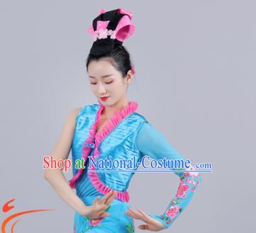 China Female Folk Dance Clothing Jiaozhou Yangko Performance Blue Uniforms Fan Dance Group Dance Garment Costume