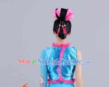 China Female Folk Dance Clothing Jiaozhou Yangko Performance Blue Uniforms Fan Dance Group Dance Garment Costume