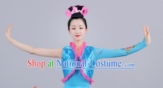 China Female Folk Dance Clothing Jiaozhou Yangko Performance Blue Uniforms Fan Dance Group Dance Garment Costume