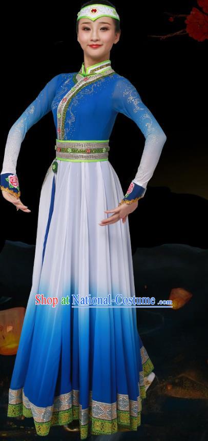 China Mongol Nationality Dance Clothing Mongolian Ethnic Stage Performance Garments Minority Folk Dance Blue Dress