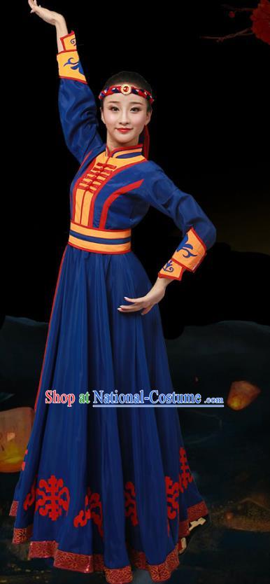 China Mongolian Ethnic Stage Performance Garments Minority Folk Dance Navy Dress Mongol Nationality Dance Clothing