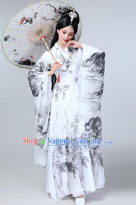 Top Chinese Woman Umbrella Dance Garment Costume Traditional Stage Performance Clothing Classical Dance Ink Painting Bamboo White Dress