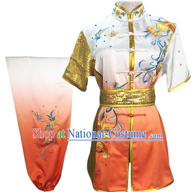 Chinese Martial Arts Embroidered Peony Gradient Orange Outfits Wushu Competition Clothing Kung Fu Garment Costumes