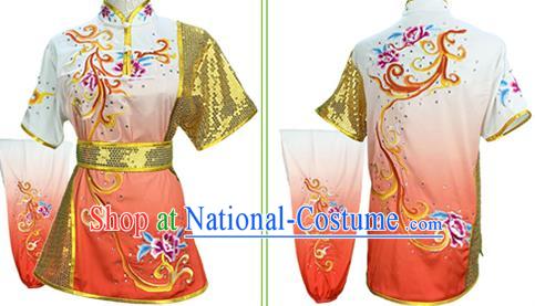 Chinese Martial Arts Embroidered Peony Gradient Orange Outfits Wushu Competition Clothing Kung Fu Garment Costumes