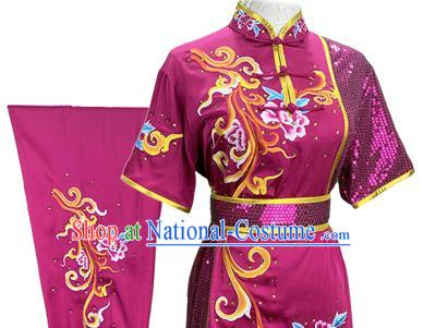 Chinese Kung Fu Garment Costumes Martial Arts Embroidered Peony Purple Outfits Wushu Competition Clothing