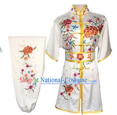 Chinese Kungfu Competition Clothing Kung Fu Garment Costumes Martial Arts Wushu Embroidered Peony White Outfits