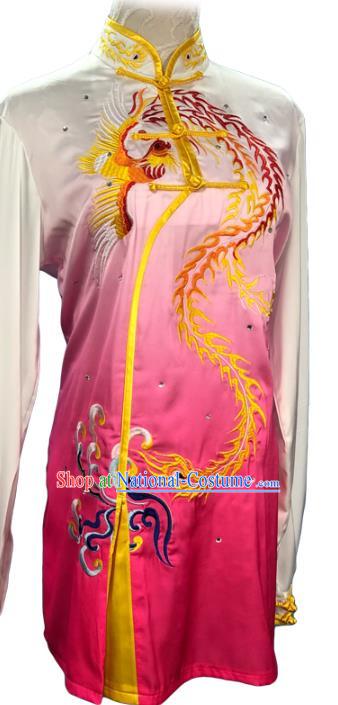 Chinese Kungfu Competition Long Sleeve Clothing Kung Fu Training Garment Costumes Martial Arts Wushu Embroidered Phoenix Rosy Outfits