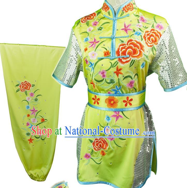 Chinese Martial Arts Wushu Embroidered Peony Green Outfits Kungfu Competition Short Sleeve Clothing Kung Fu Training Garment Costumes