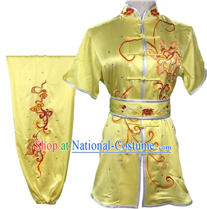 Chinese Kung Fu Training Garment Costumes Martial Arts Wushu Embroidered Peony Yellow Outfits Kungfu Competition Short Sleeve Clothing