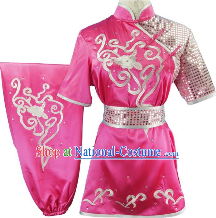 Chinese Martial Arts Wushu Embroidered Peony Rosy Silk Outfits Kungfu Competition Clothing Chang Boxing Training Garment Costumes