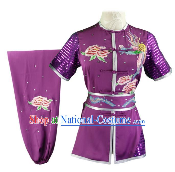 Chinese Martial Arts Embroidered Phoenix Peony Purple Outfits Kungfu Wushu Clothing Chang Boxing Competition Garment Costumes