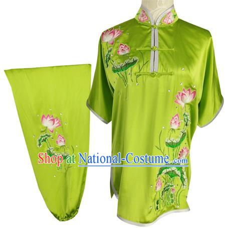 Chinese Martial Arts Embroidered Lotus Green Silk Outfits Wushu Competition Clothing Tai Chi Kung Fu Garment Costumes