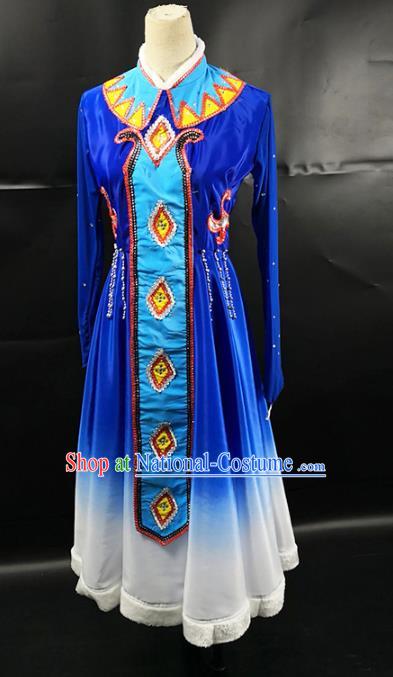 China Ewenki Nationality Stage Performance Clothing Ethnic Female Dance Garments Xinjiang Minority Folk Dance Blue Dress