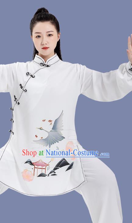 Chinese Tai Ji Training Garment Costumes Martial Arts Hand Painting Cranes White Outfits Woman Tai Chi Competition Clothing