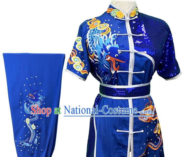 Top China Wushu Performance Garment Costumes Martial Arts Competition Clothing Kung Fu Embroidered Dragon Royalblue Uniforms