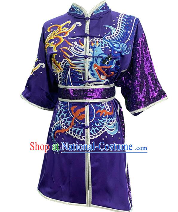 Top China Kung Fu Embroidered Dragon Purple Uniforms Wushu Performance Garment Costumes Martial Arts Competition Clothing