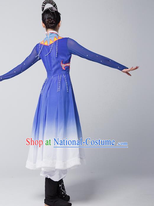 China Ewenki Nationality Stage Performance Clothing Ethnic Female Dance Garments Xinjiang Minority Folk Dance Blue Dress