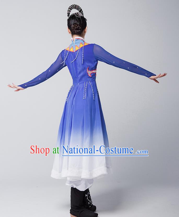 China Ewenki Nationality Stage Performance Clothing Ethnic Female Dance Garments Xinjiang Minority Folk Dance Blue Dress