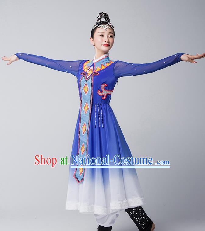 China Ewenki Nationality Stage Performance Clothing Ethnic Female Dance Garments Xinjiang Minority Folk Dance Blue Dress