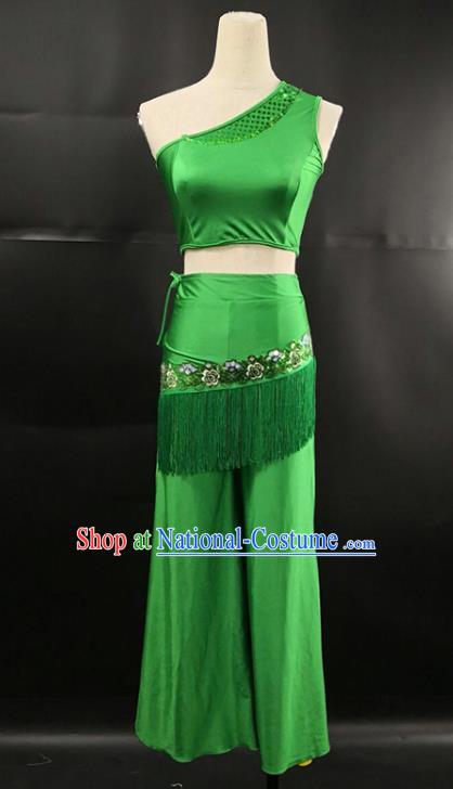 China Yunnan Minority Peacock Dance Green Dress Ethnic Female Group Dance Garments Dai Nationality Stage Performance Clothing