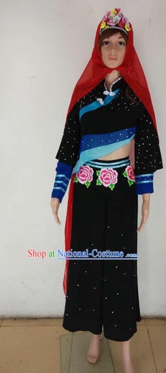 China Hui Nationality Stage Performance Clothing Ningxia Minority Dance Black Outfits Ethnic Female Dance Garments