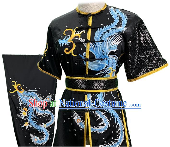 China Wushu Competition Garment Costume Female Shadowboxing Kung Fu Clothing Martial Arts Embroidered Phoenix Black Uniforms