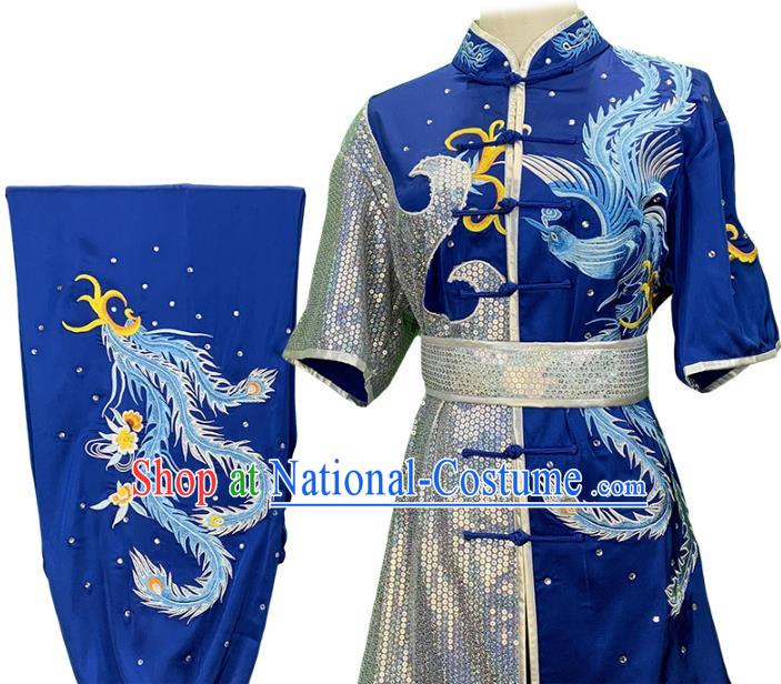 China Martial Arts Embroidered Phoenix Blue Uniforms Wushu Competition Garment Costume Female Shadowboxing Kung Fu Clothing