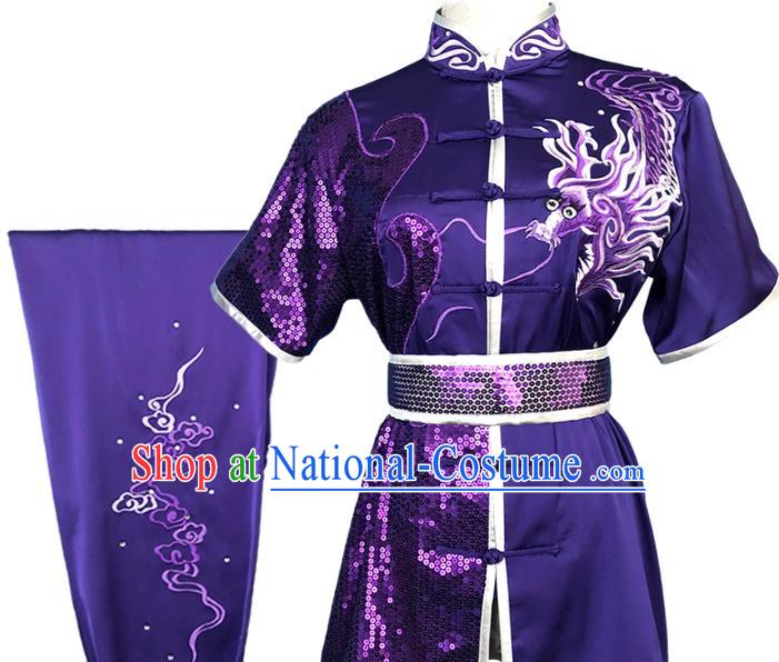 Top Chinese Kung Fu Garment Costume Traditional Martial Arts Competition Clothing Wushu Performance Embroidered Dragon Purple Outfits