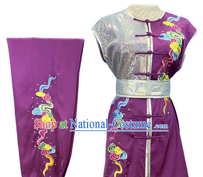 Top Chinese Southern Boxing Performance Embroidered Cloud Purple Outfits Wushu Kung Fu Garment Costume Martial Arts Competition Clothing