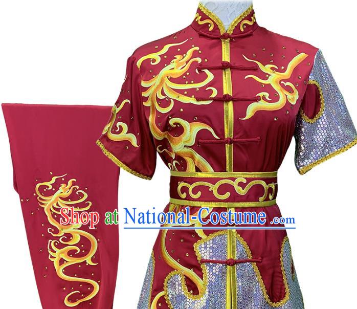 China Martial Arts Embroidered Wine Red Uniforms Wushu Competition Garment Costume Female Kung Fu Clothing