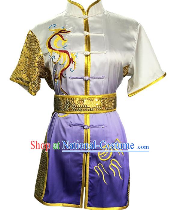 China Woman Kung Fu Clothing Martial Arts Embroidered Dragon Gradient Purple Uniforms Wushu Competition Garment Costume