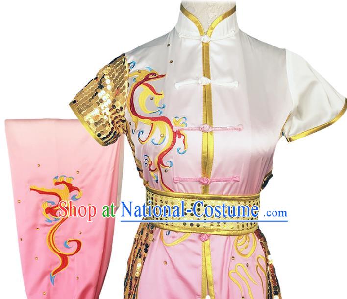 China Wushu Competition Garment Costume Woman Kung Fu Performance Clothing Martial Arts Embroidered Dragon Gradient Pink Uniforms