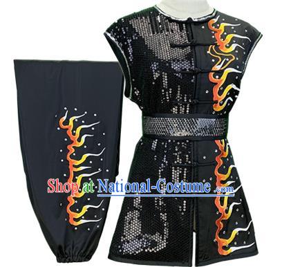 Top Chinese Southern Boxing Performance Black Outfits Kung Fu Garment Costumes Martial Arts Wushu Competition Clothing