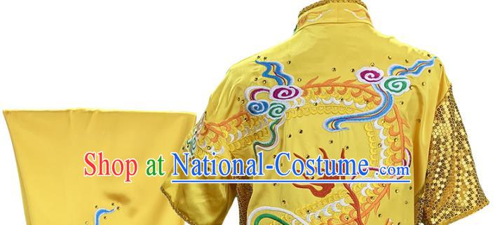 Top Chinese Southern Boxing Embroidered Dragon Yellow Outfits Martial Arts Kung Fu Competition Garment Costumes Wushu Performance Clothing