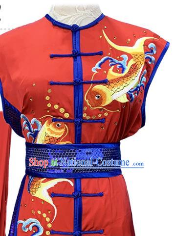 Top Chinese Kung Fu Wushu Performance Clothing Southern Boxing Competition Garment Costumes Martial Arts Embroidered Fish Red Outfits