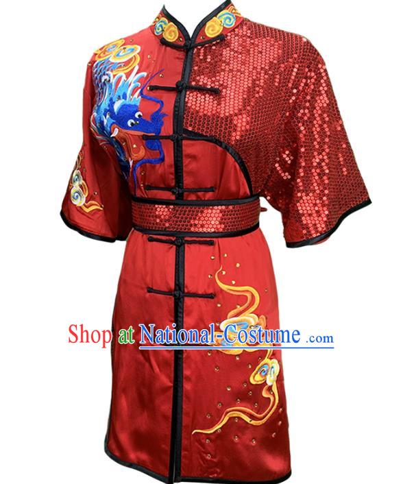 Top Chinese Martial Arts Embroidered Dragon Red Outfits Kung Fu Wushu Performance Clothing Southern Boxing Competition Garment Costumes