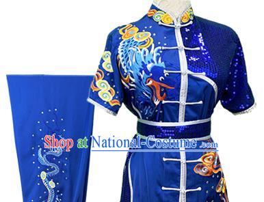 Top Chinese Kung Fu Competition Royalblue Garment Costumes Martial Arts Wushu Performance Clothing Southern Boxing Embroidered Dragon Outfits