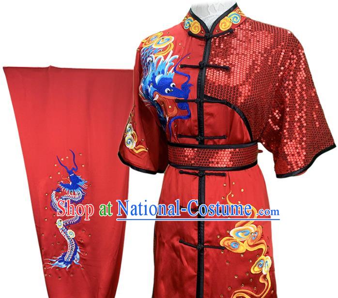 Top Chinese Southern Boxing Embroidered Dragon Outfits Kung Fu Competition Red Garment Costumes Martial Arts Wushu Performance Clothing